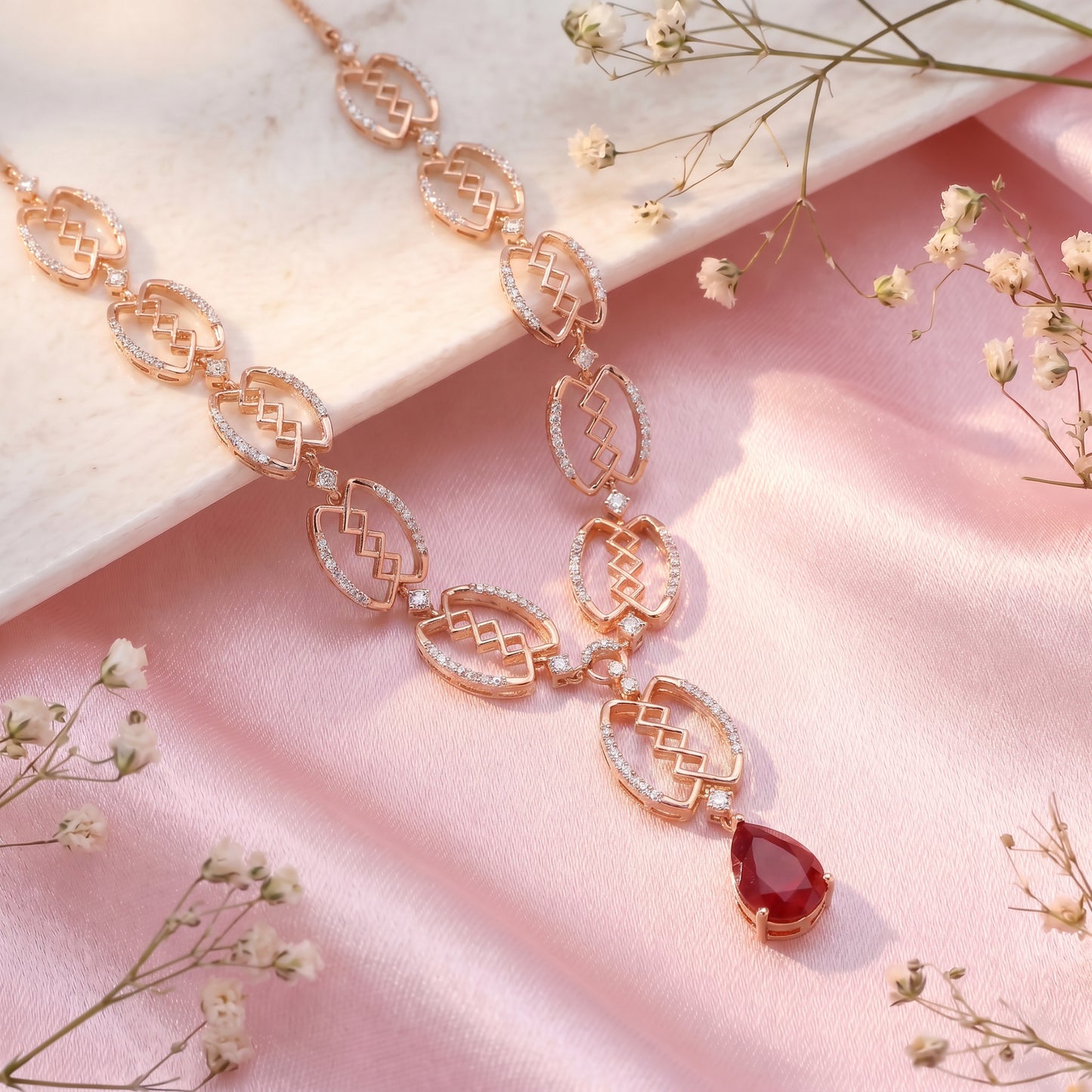 Ruby Drop Diamond Necklace in 18kt Rose Gold for Women