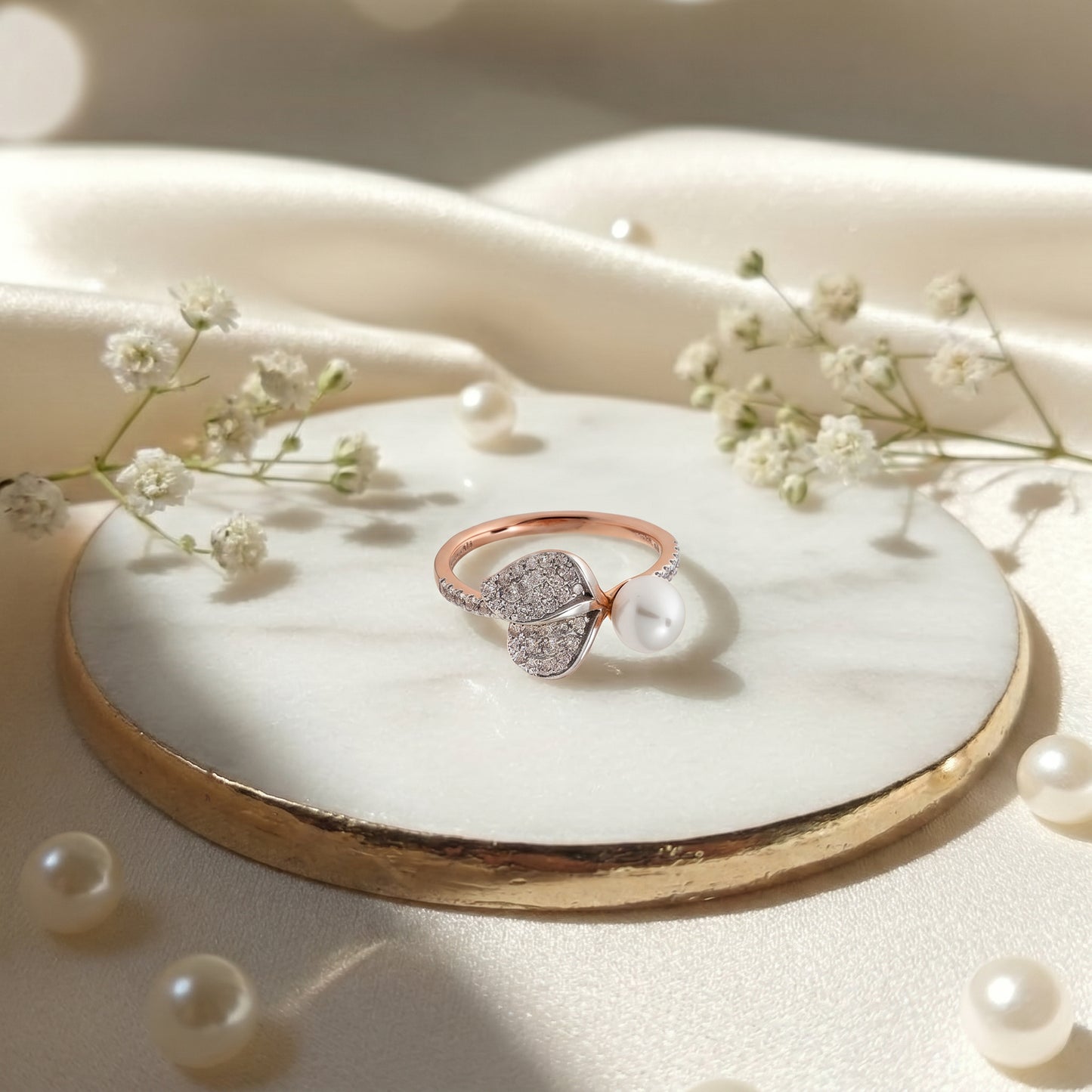 18KT Rose Gold Pearl & Diamond Leaf Ring for Women