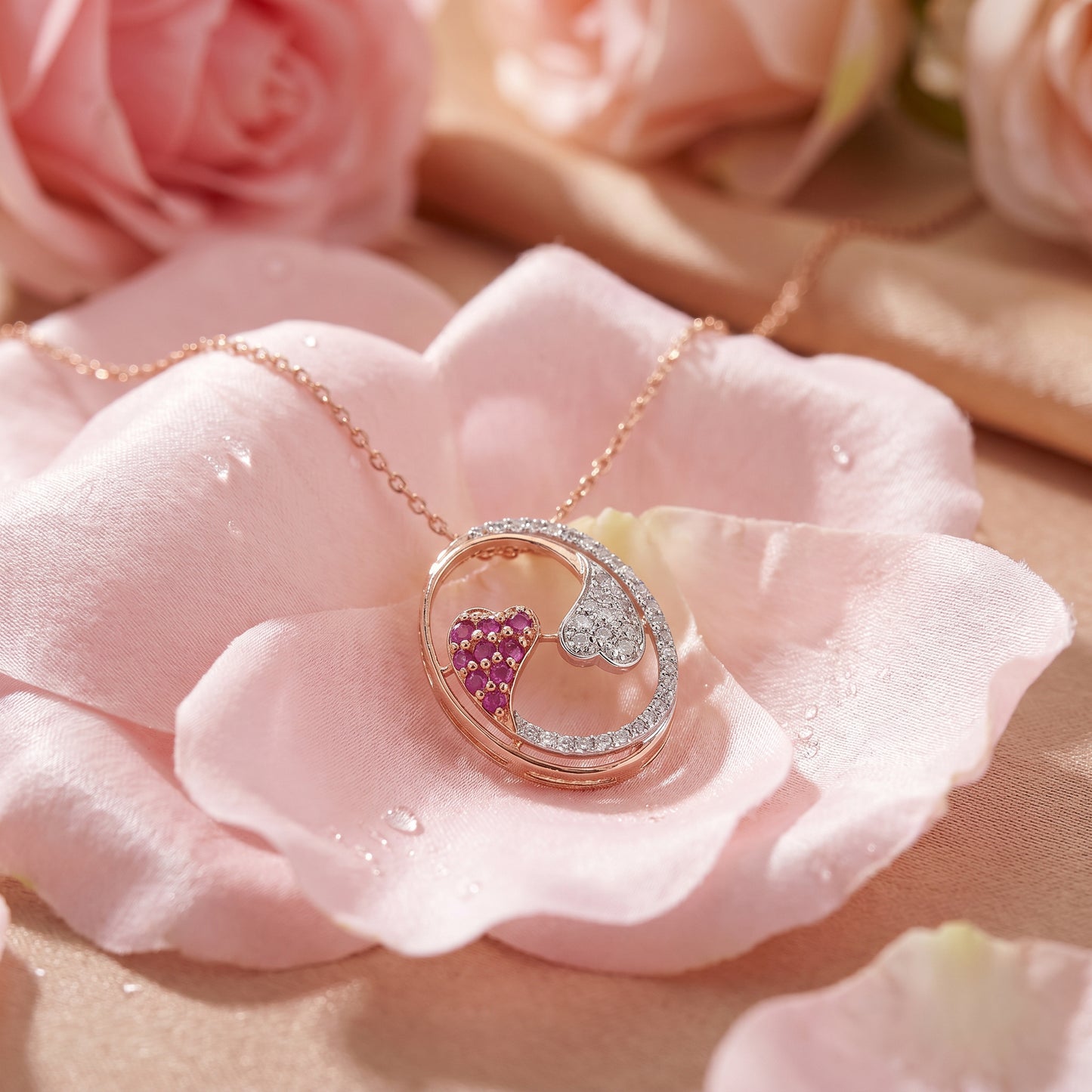 18KT Rose Gold Diamond Twin Heart Pendant Women