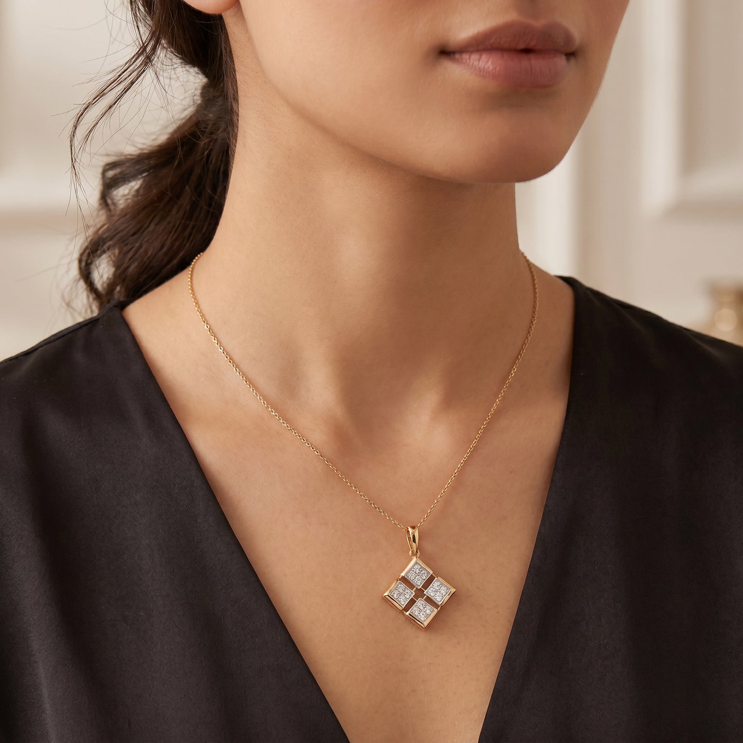 18KT Yellow Gold Geometric Diamond Pendant Women