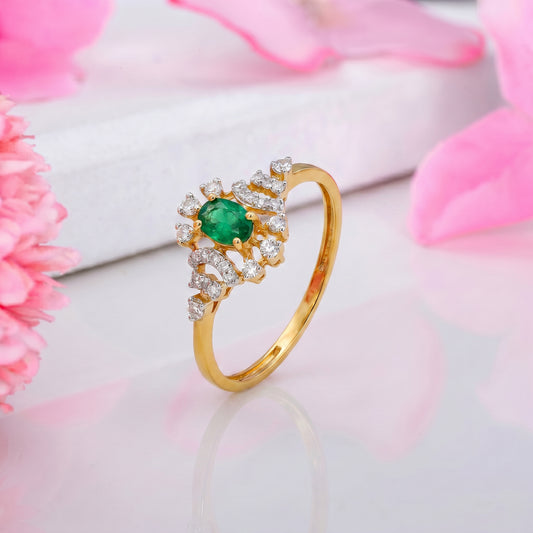 18KT Yellow Gold Emerald & Diamond Ring for Women