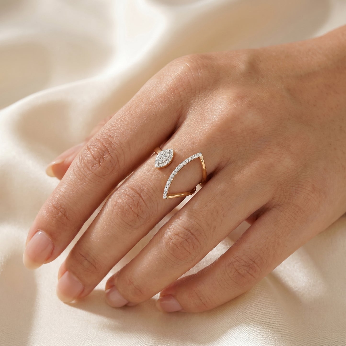 18KT Gold Diamond Open Leaf Ring For Women