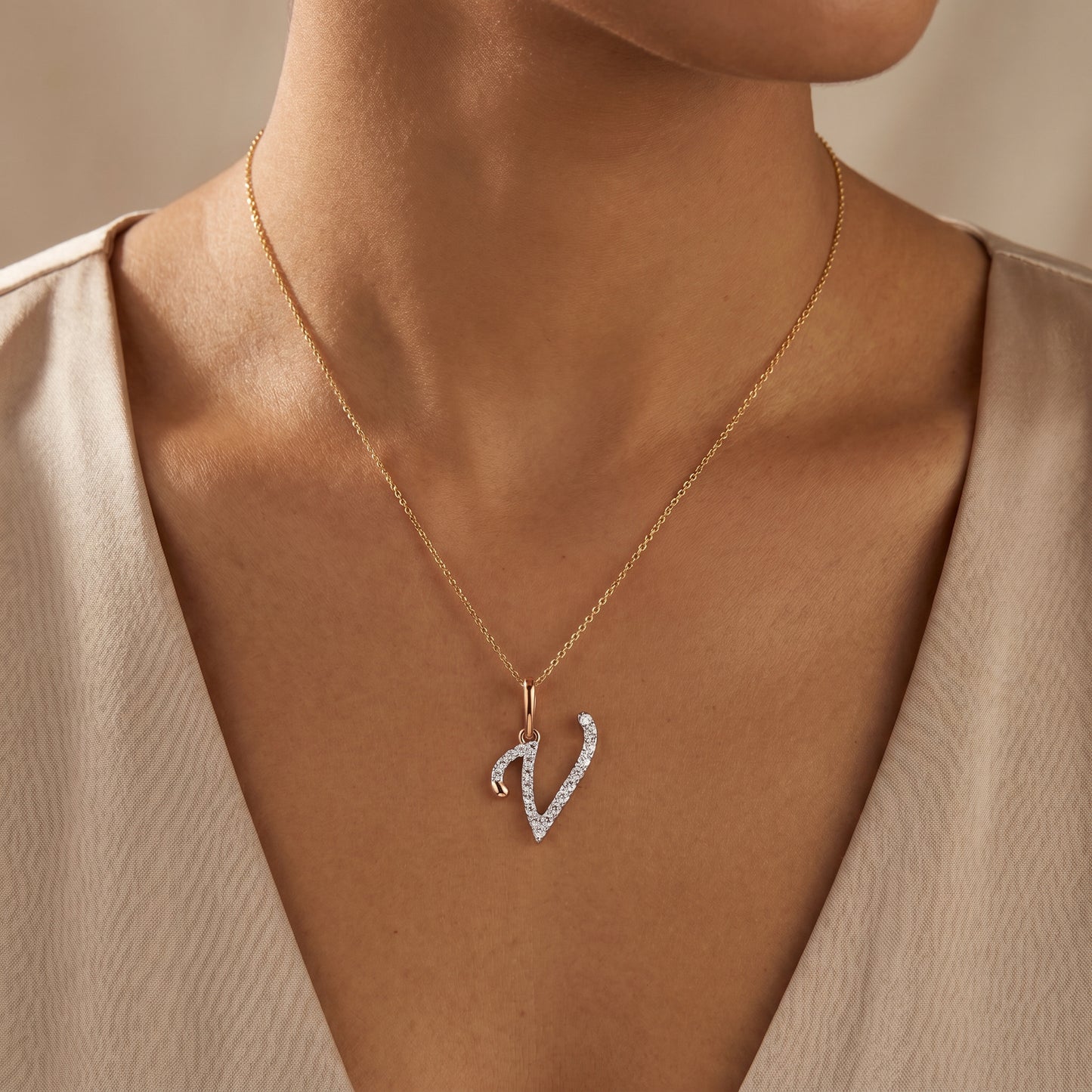 18KT Gold Diamond Initial "V" Pendant For Women
