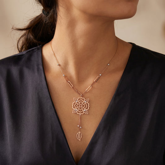 18KT Rose Gold Floral Filigree Necklace for Women