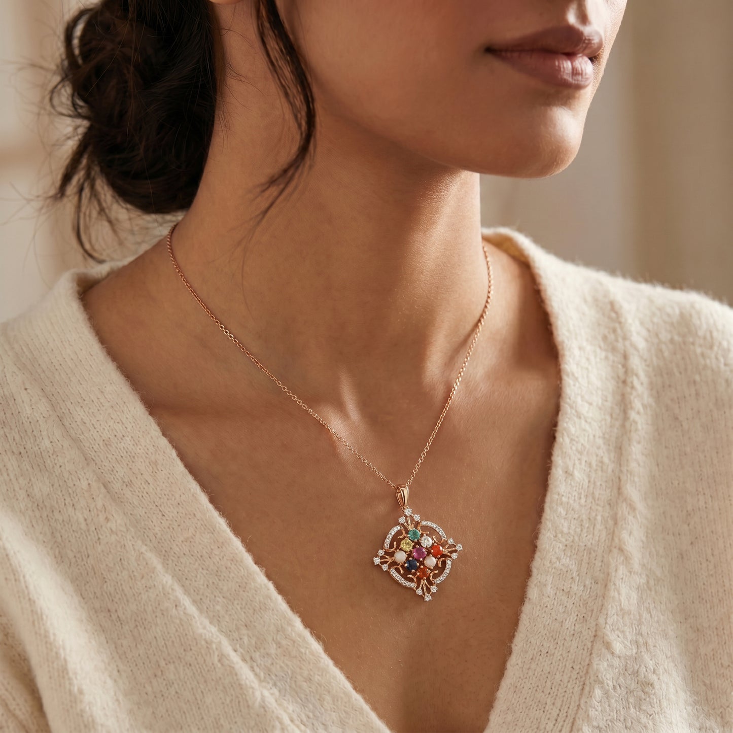 18KT Rose Gold Diamond Navratna Pendant for Women