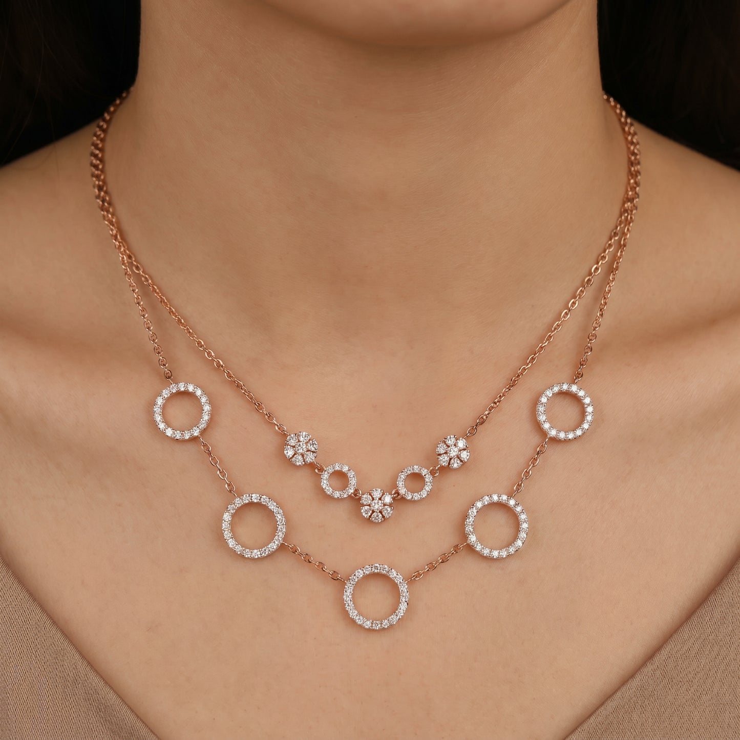 18KT Rose Gold Diamond Layered Necklace for Women