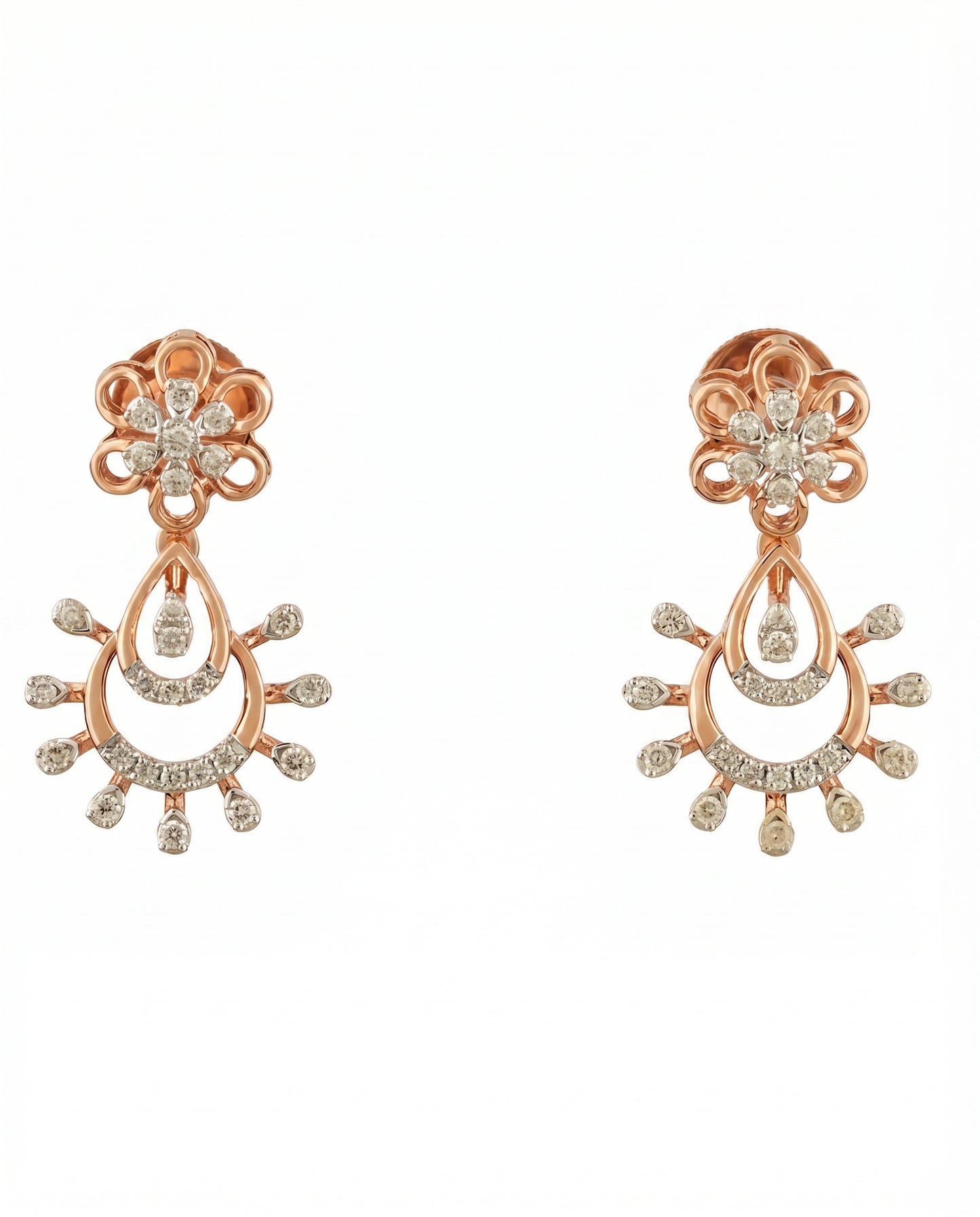 18Kt Rose Gold Sunburst Diamond Dangler Earrings for Women