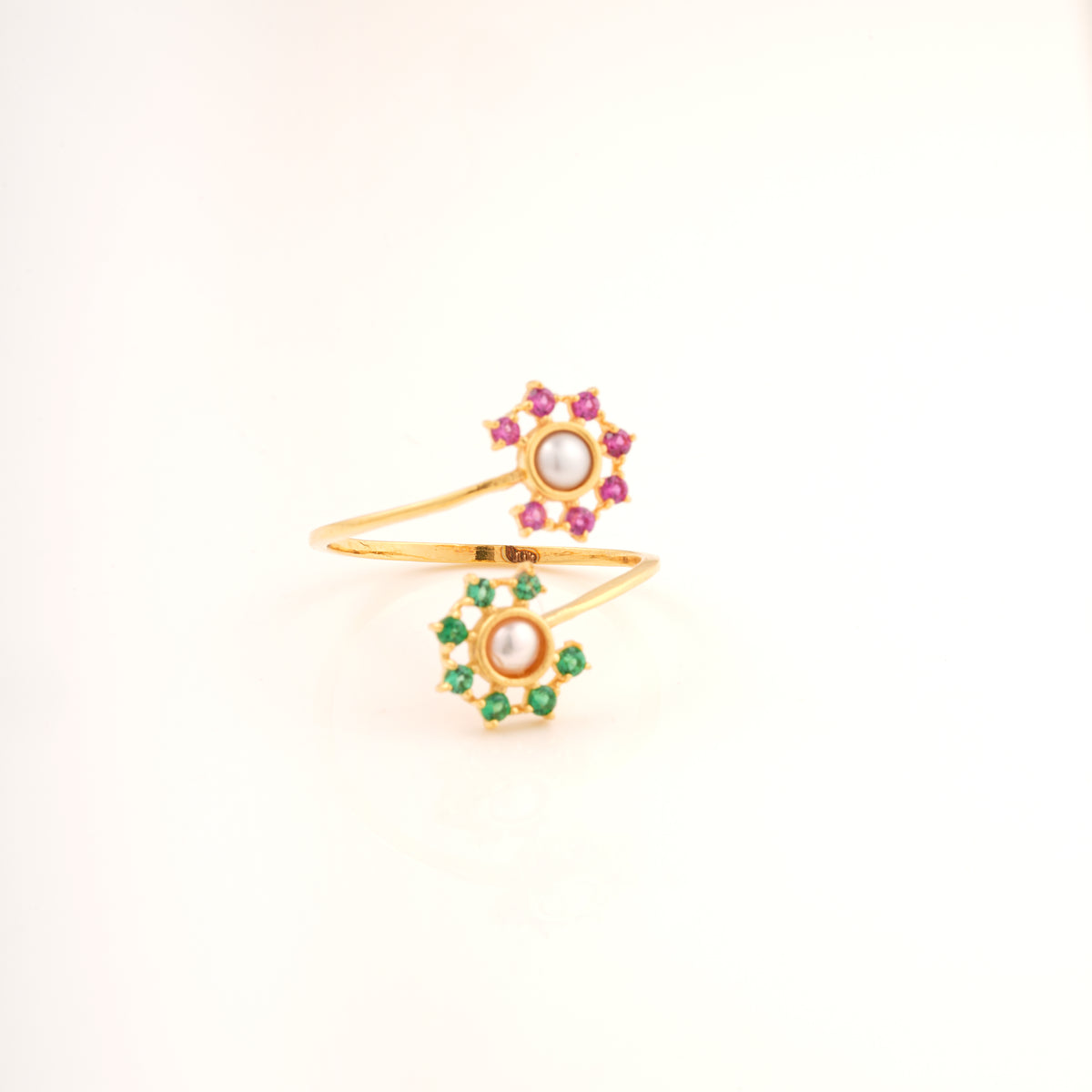 18KT gold wrap ring with pearl and pink and green gemstone flowers