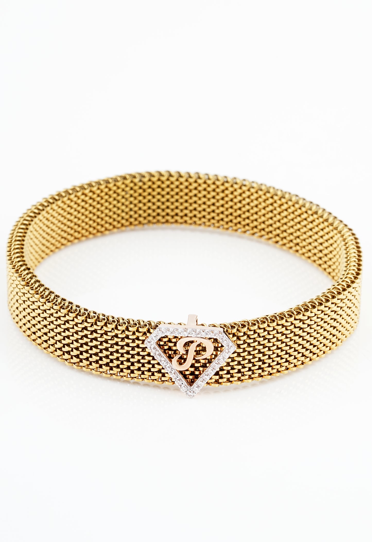 P Initial Diamond 18kt Rose Gold Mesh Bracelet for Men