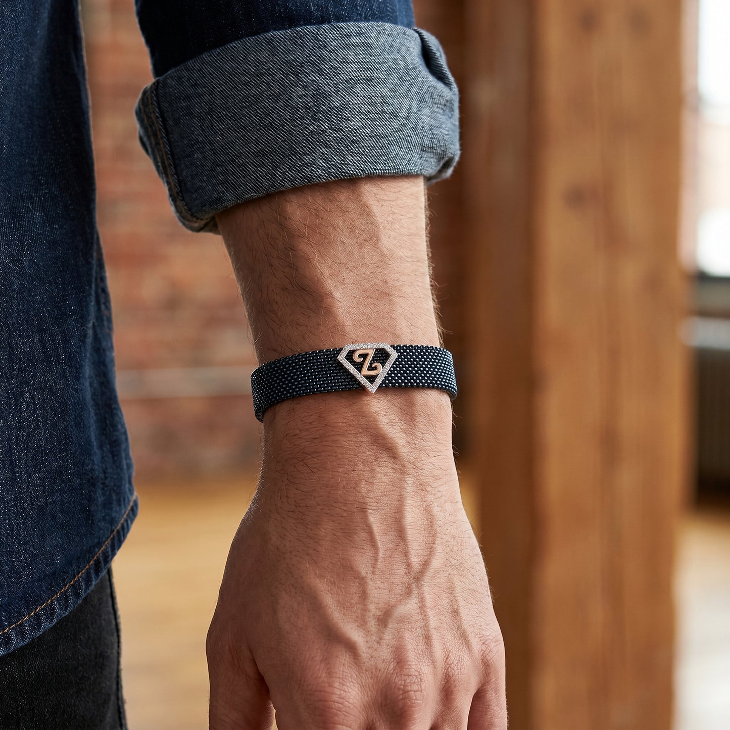 Z Initial Diamond 18kt Rose Gold Blue Mesh Bracelet for Men