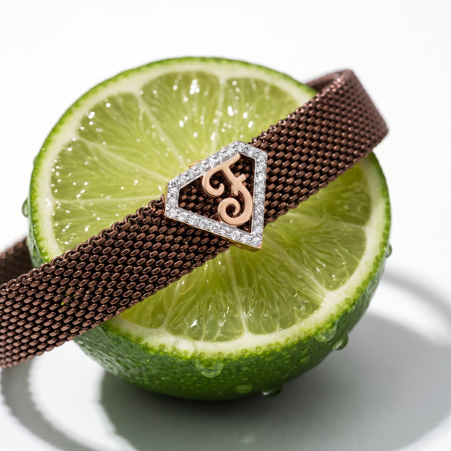 F Initial Diamond 18kt Rose Gold Brown Mesh Bracelet for Men