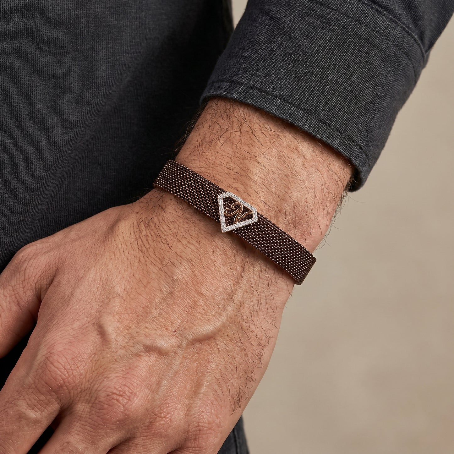 N Initial Diamond 18kt Rose Gold Mesh Bracelet for Men