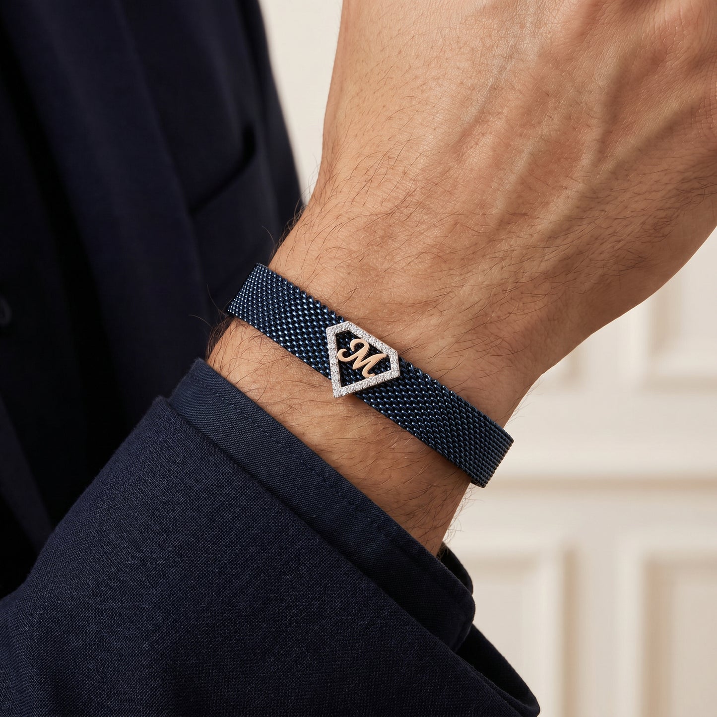 M Initial Diamond 18kt Rose Gold Mesh Bracelet for Men