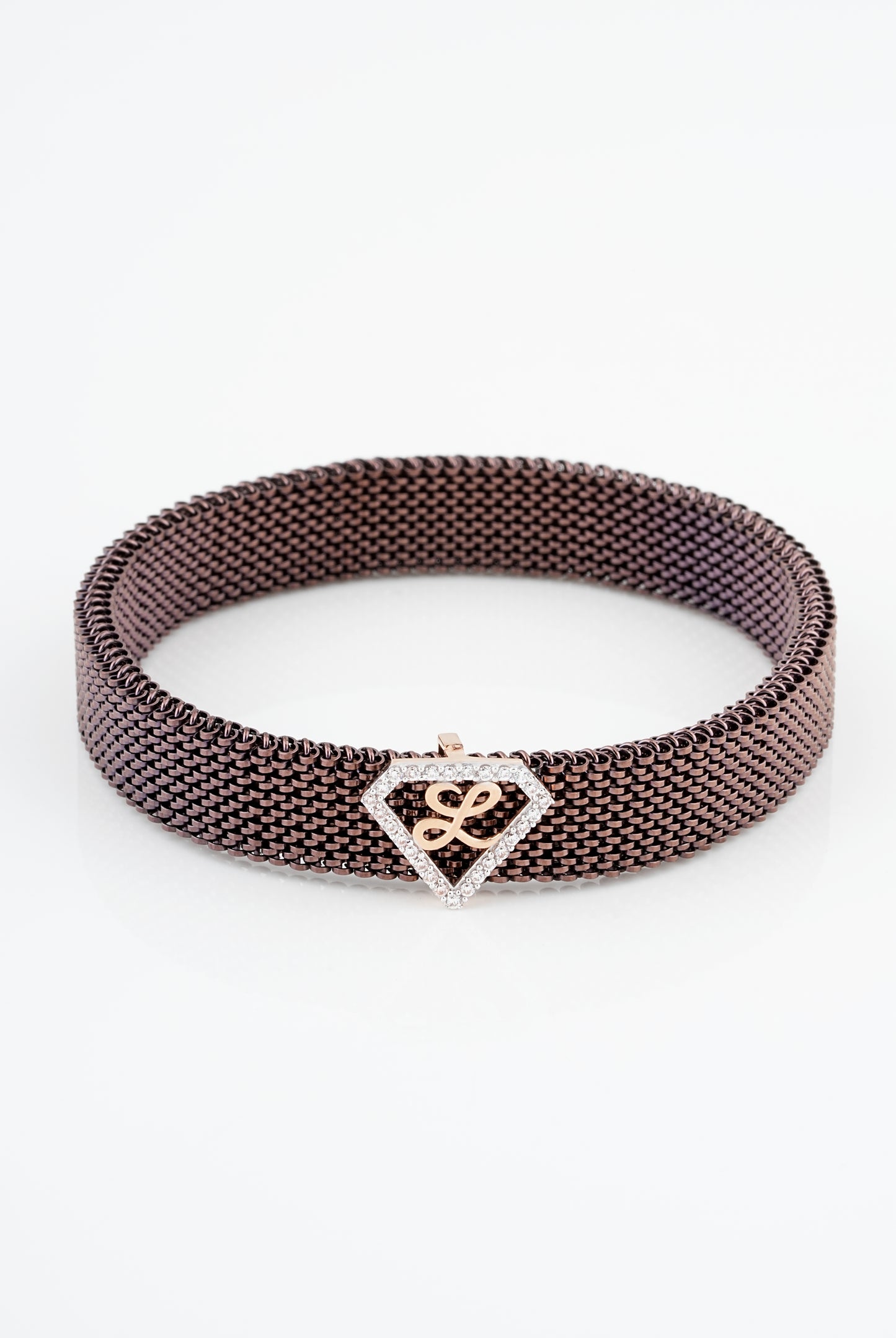 L Initial Diamond 18kt Rose Gold Mesh Bracelet for Men