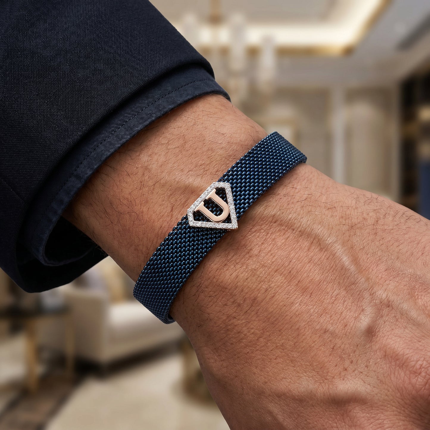 U Initial Diamond 18kt Rose Gold Blue Mesh Bracelet for Men