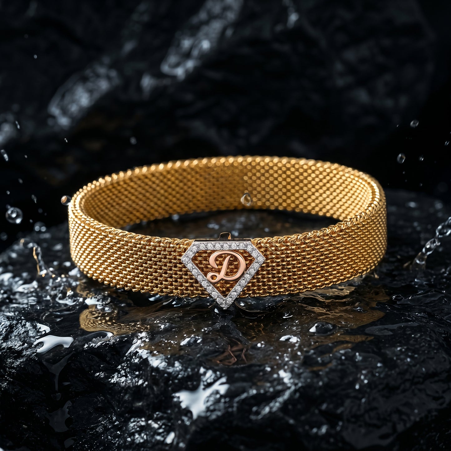 D Initial Diamond 18kt Rose Gold Mesh Bracelet for Men