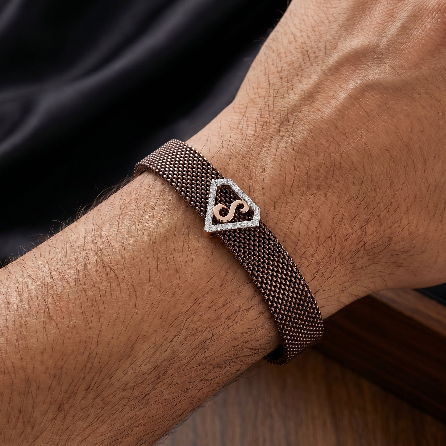 S Initial Diamond 18kt Rose Gold Mesh Brown Bracelet for Men
