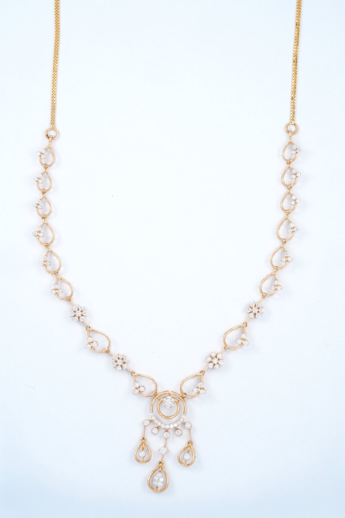 18KT rose gold diamond necklace with teardrop links and chandelier pendant