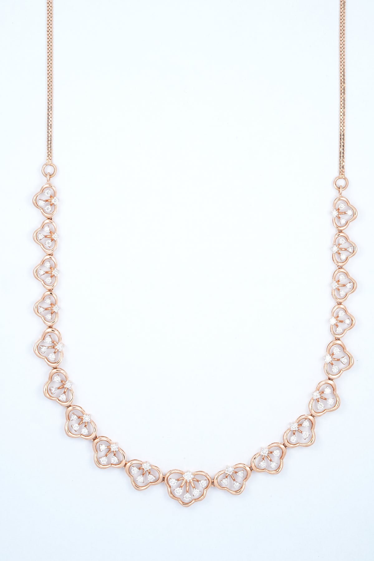18KT rose gold diamond necklace with floral link design