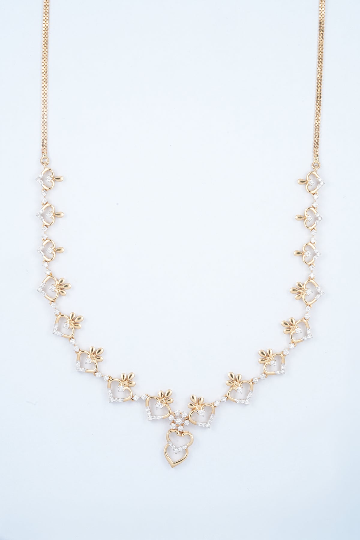 18KT gold diamond necklace with open heart links and pendant