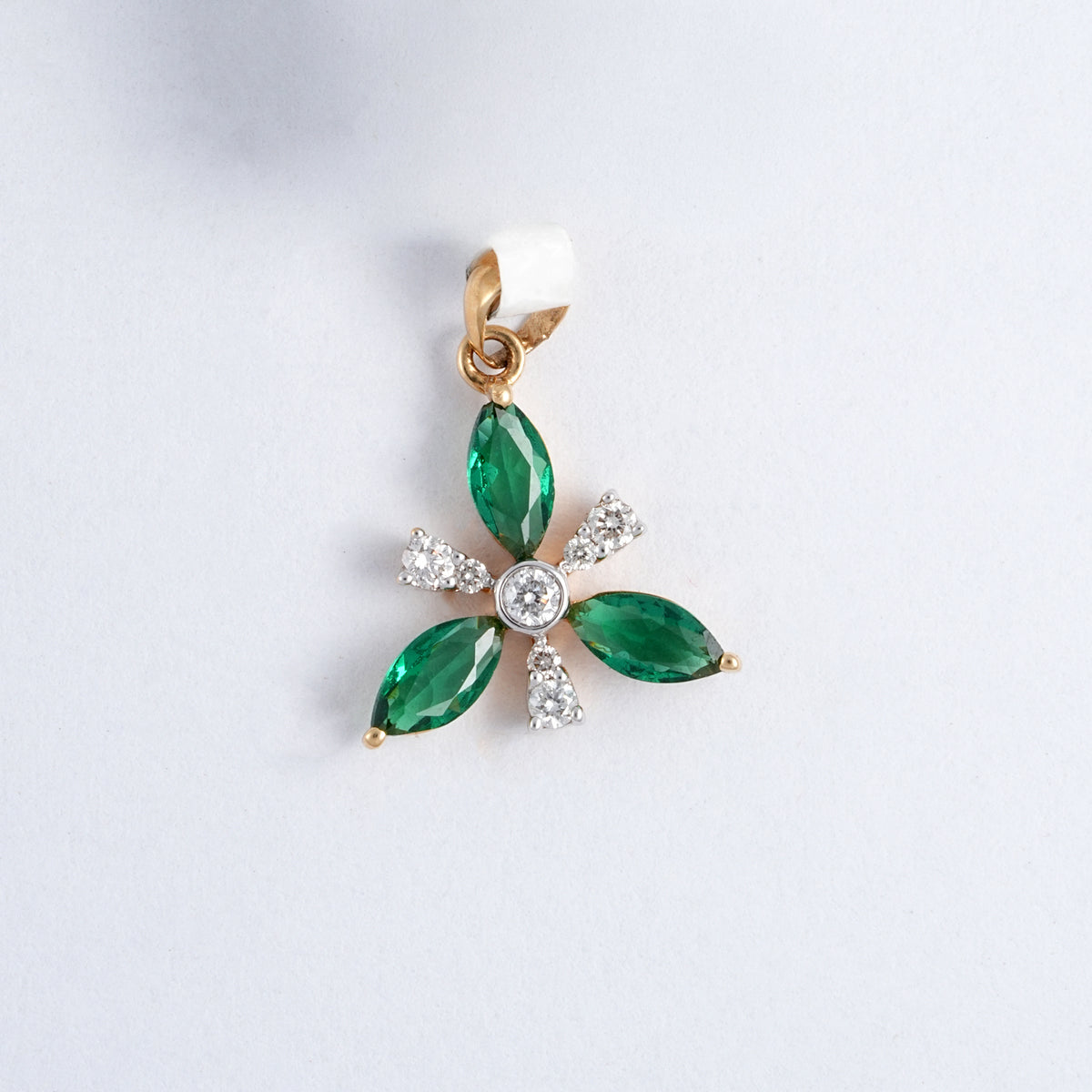 Yellow Gold Green Stone Diamond Flower Pendant