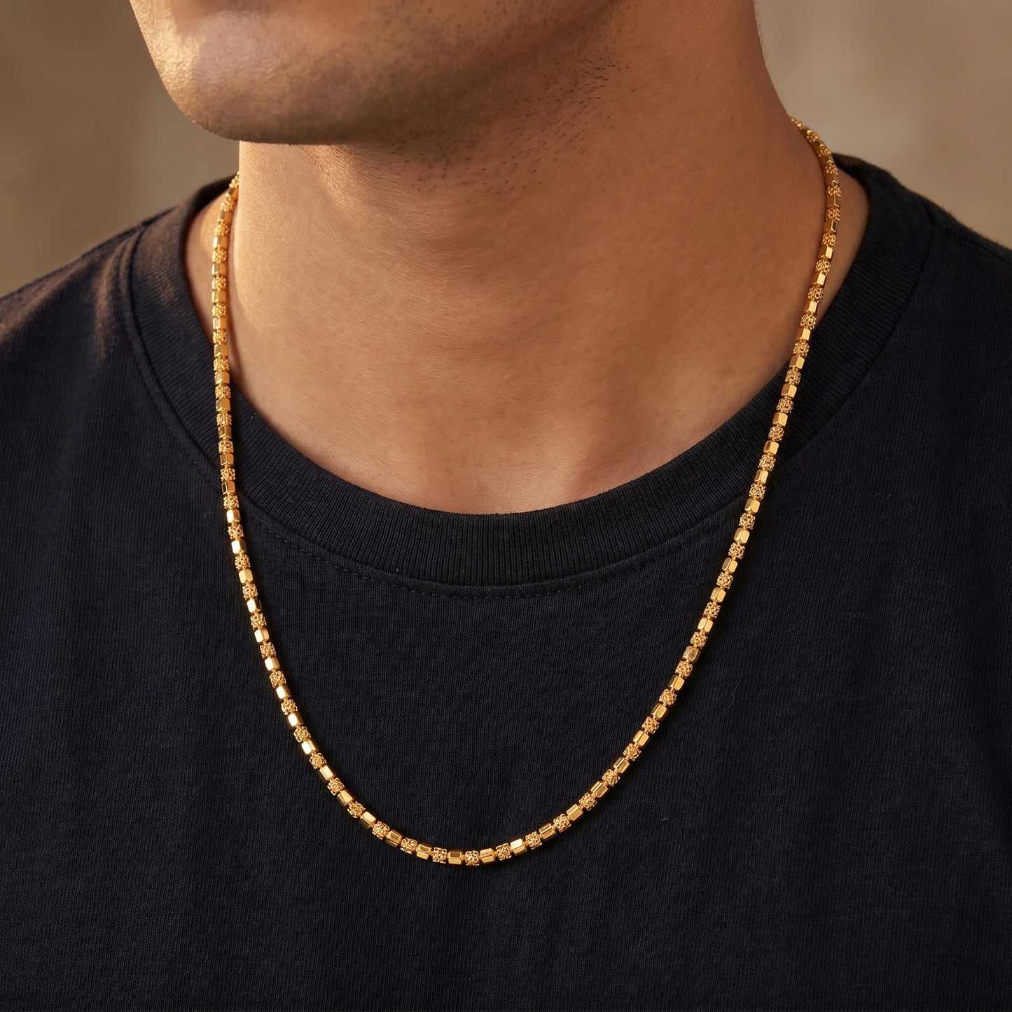 18Kt Yellow Gold Textured Bead Chain for Men