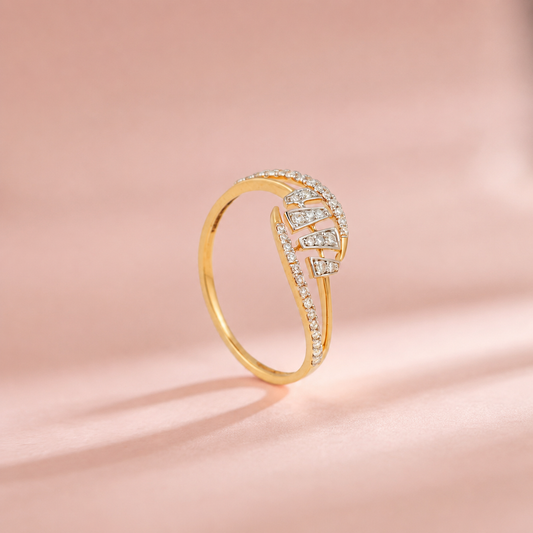 18KT Yellow Gold Diamond Leaf Ring For Women