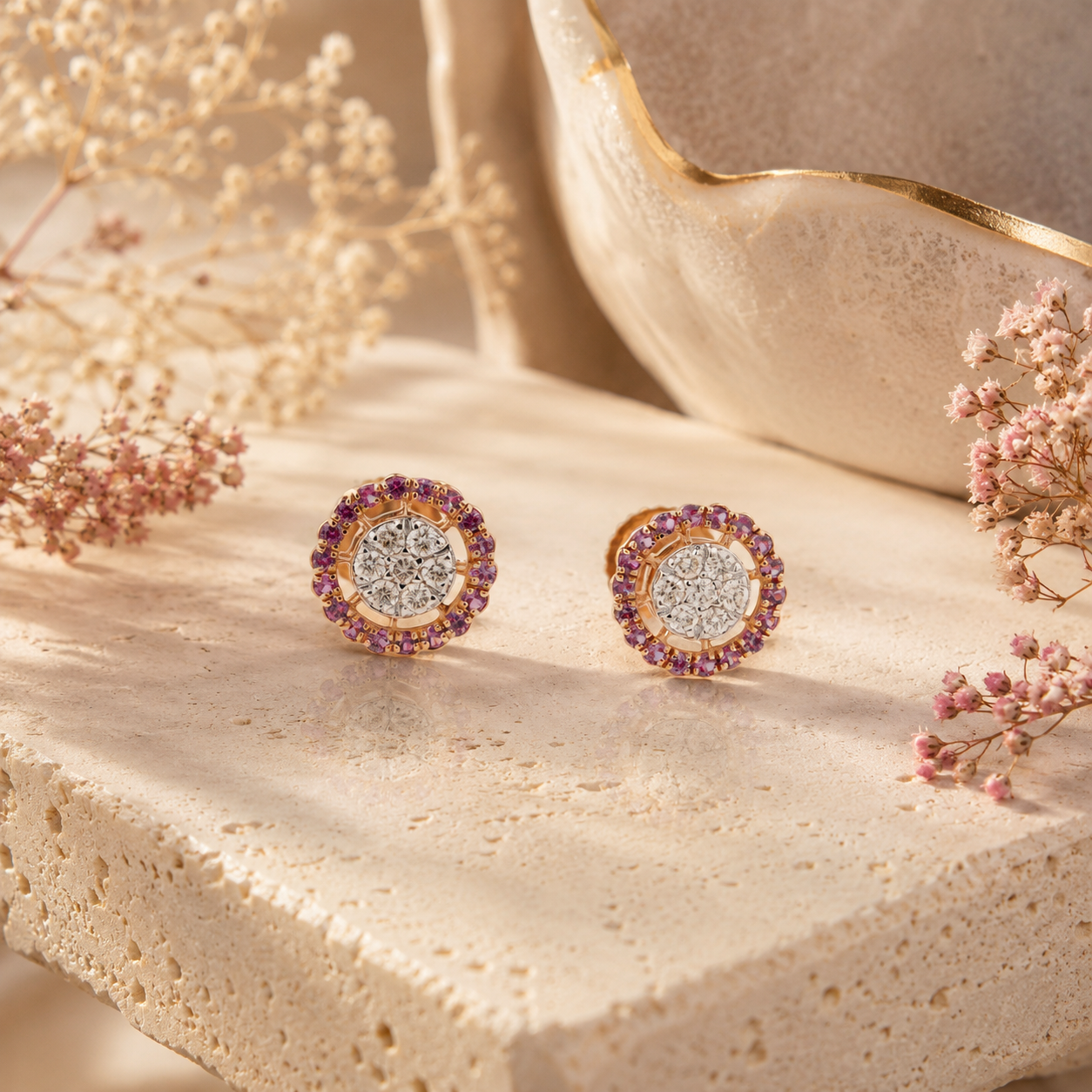 18KT Rose Gold Diamond Halo Stud Earrings Women