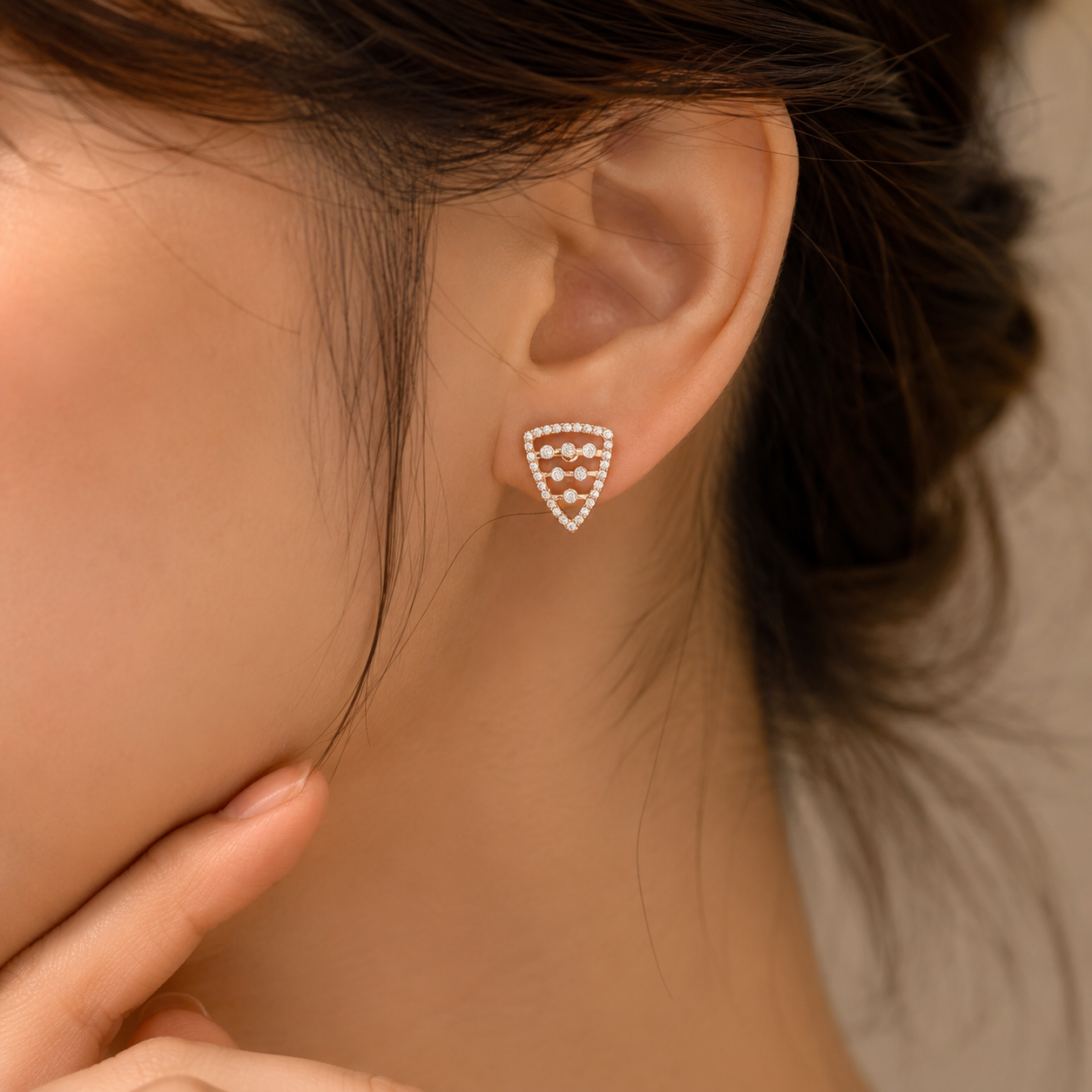 18Kt Rose Gold Diamond Triangle Bezel Stud Earrings Women