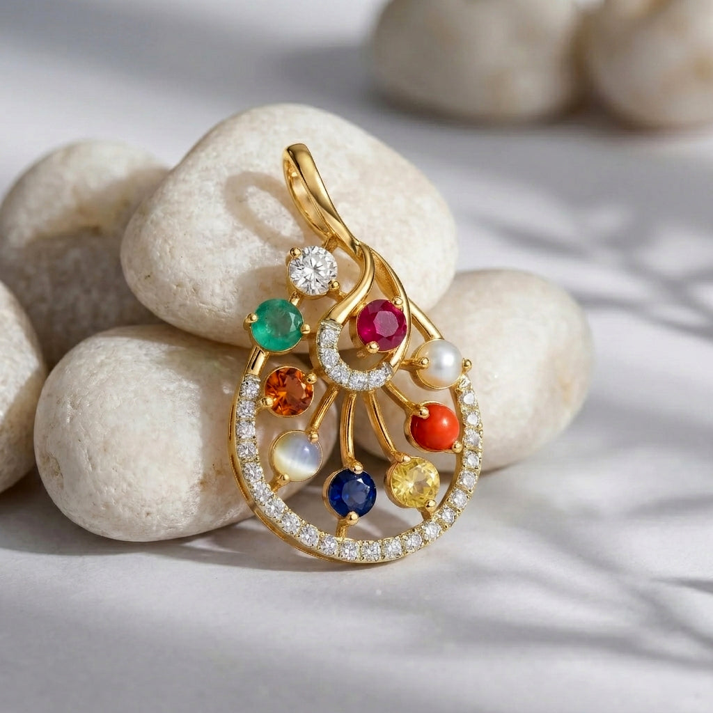 Navaratna 18kt Gold Traditional Diamond Pendant for Women