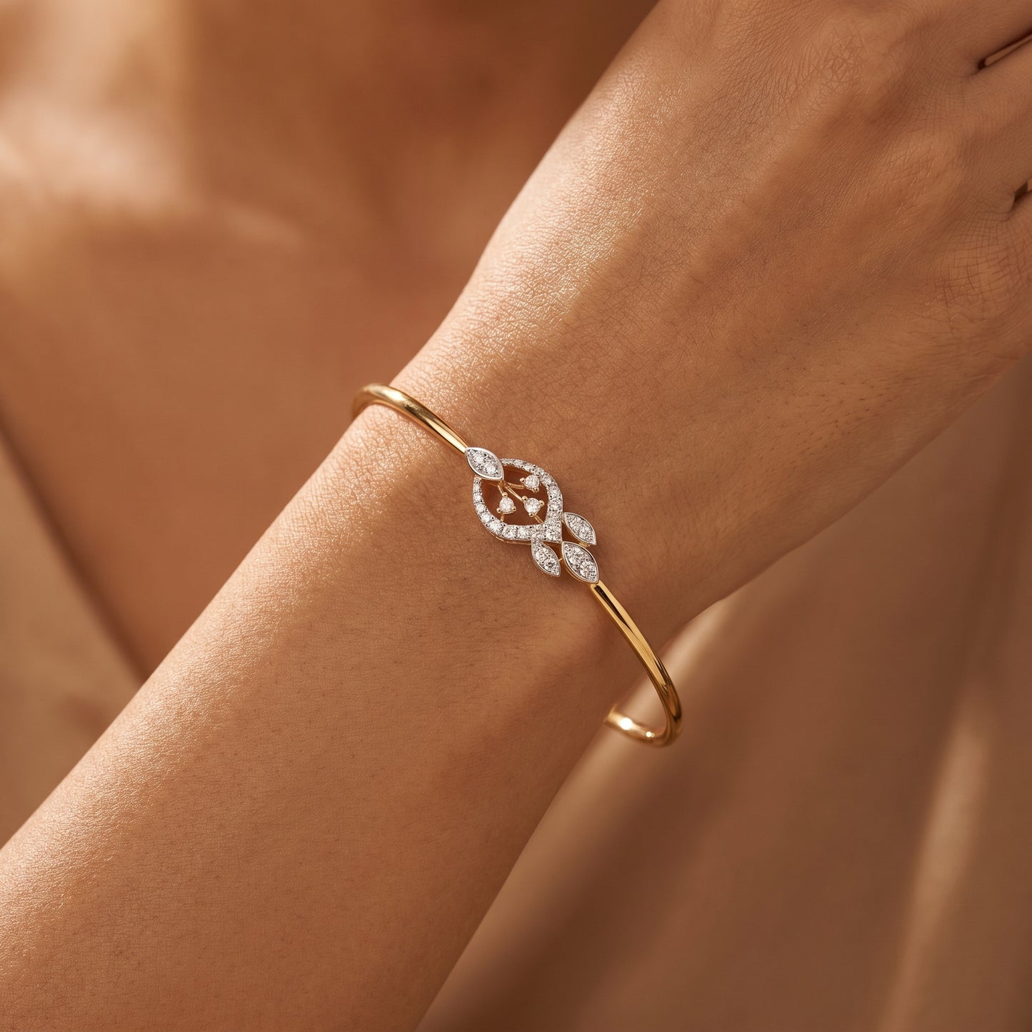 18KT Yellow Gold Diamond Leaf Cluster Bangle Women