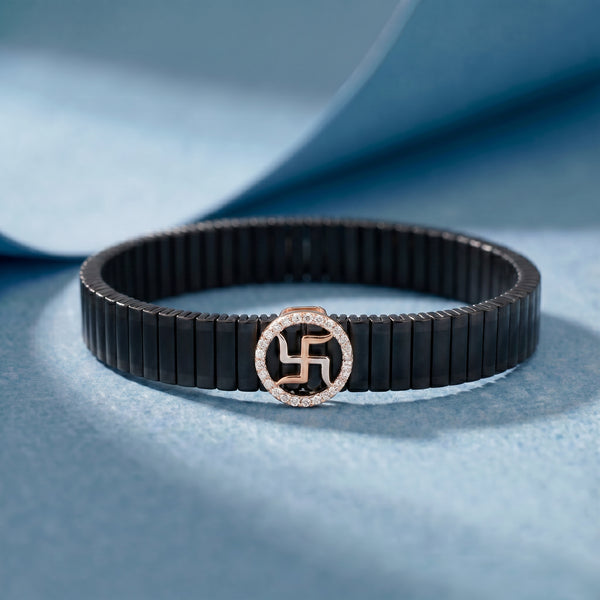 Swastika Initial Diamond Mesh 18kt Rose Gold Bracelet for Men