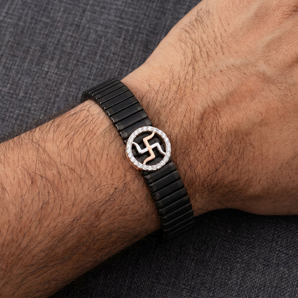 Swastika Initial Diamond Mesh 18kt Rose Gold Bracelet for Men