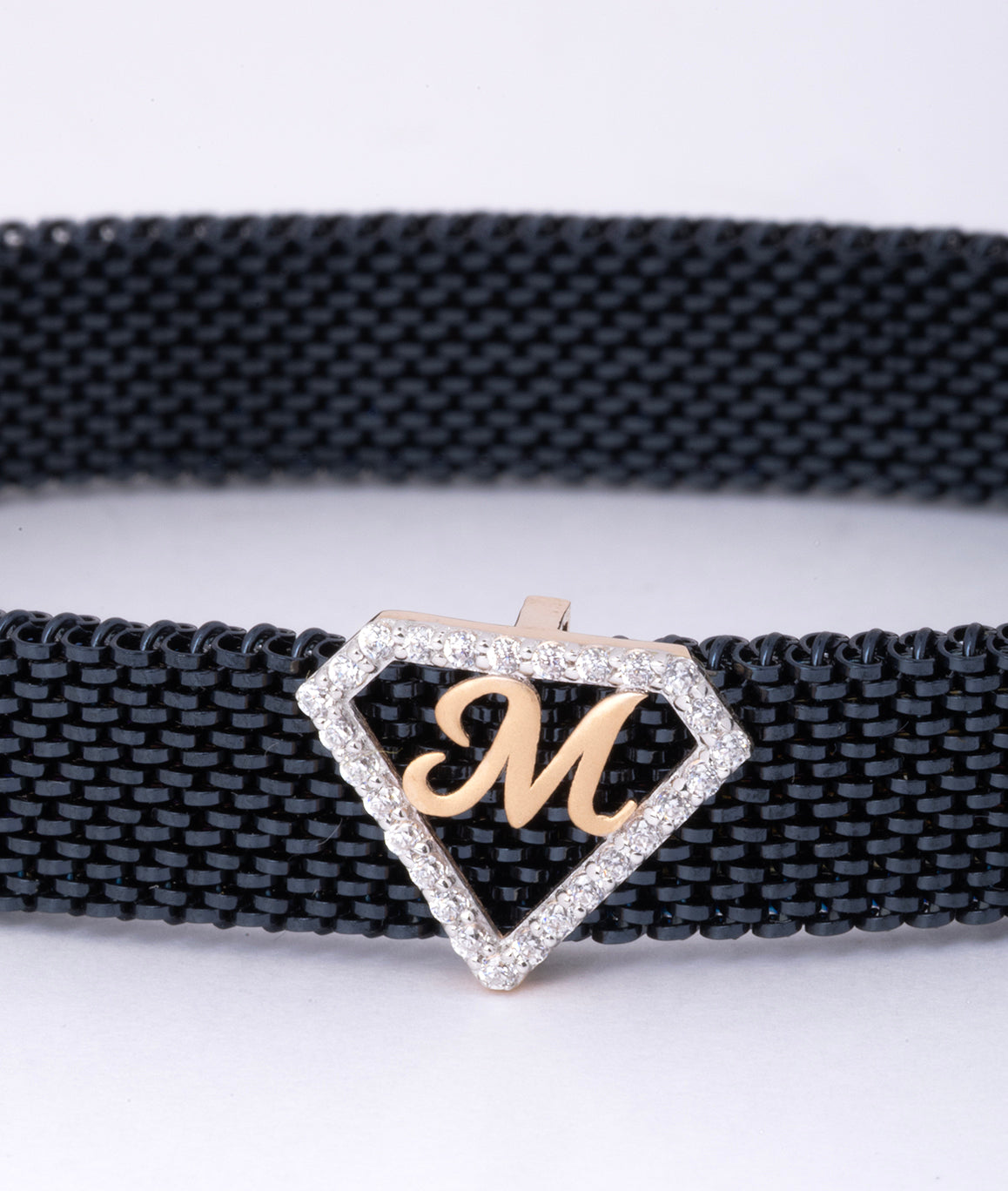 M Initial Letter Diamond Mesh 18kt Rose Gold Bracelet for Men