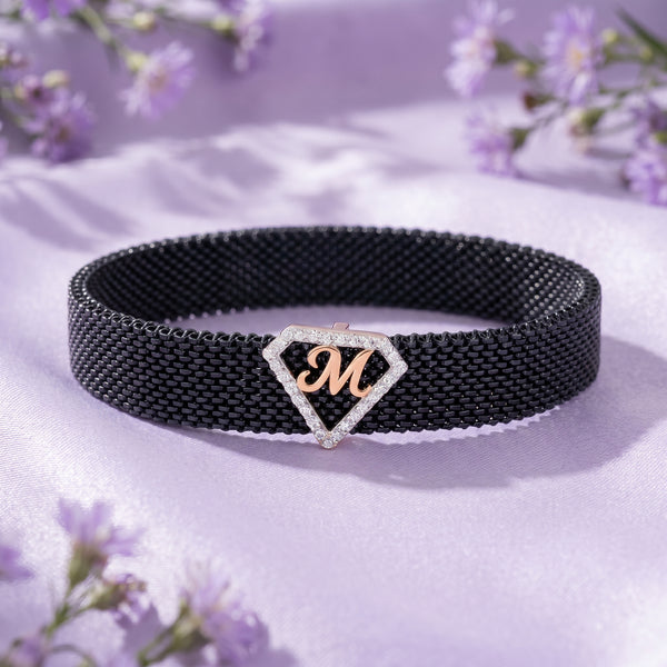 M Initial Letter Diamond Mesh 18kt Rose Gold Bracelet for Men