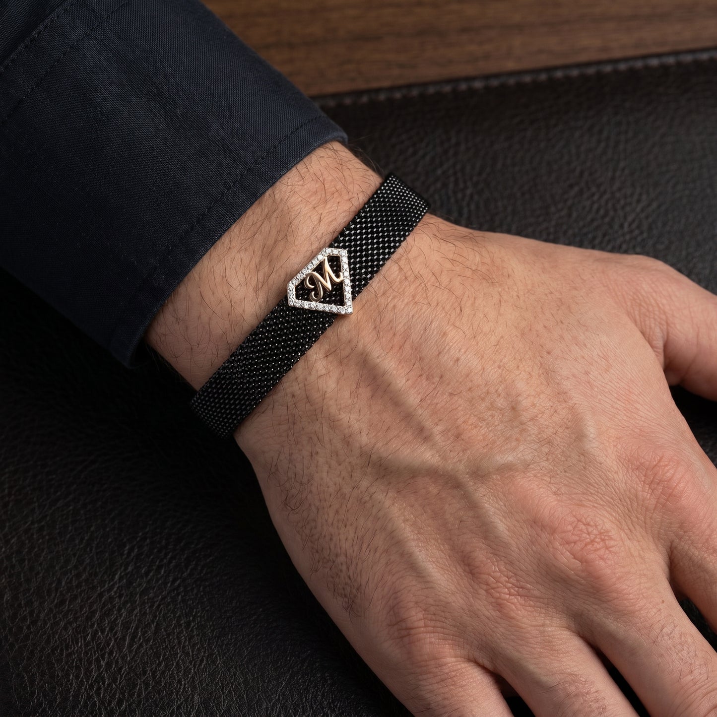 M Initial Letter Diamond Mesh 18kt Rose Gold Bracelet for Men