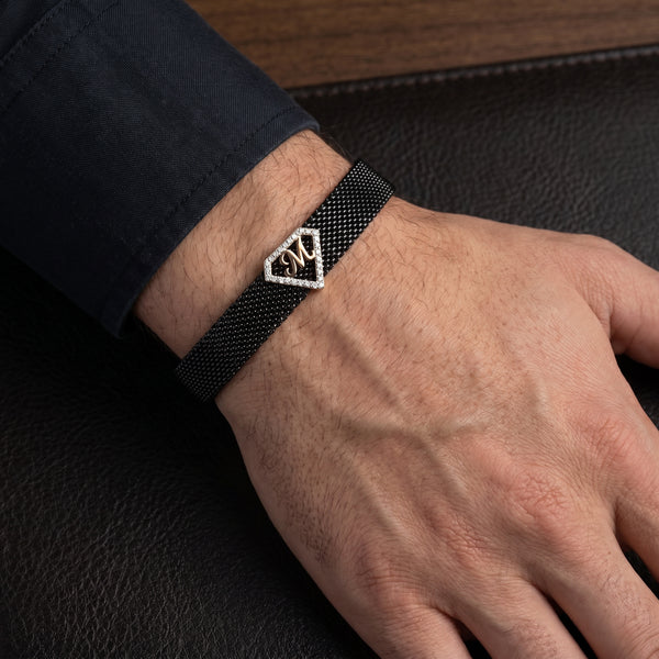 M Initial Letter Diamond Mesh 18kt Rose Gold Bracelet for Men