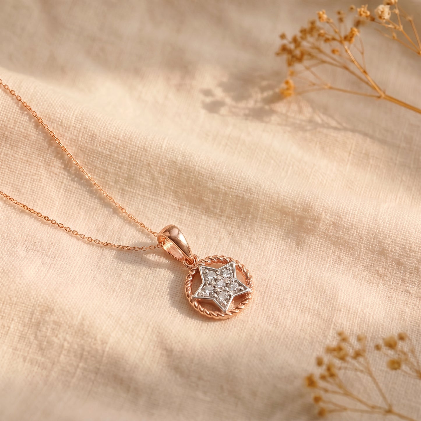 18KT Rose Gold Diamond Star Pendant For Women