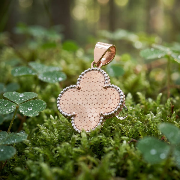 18KT Rose Gold Clover Textured Pendant For Women