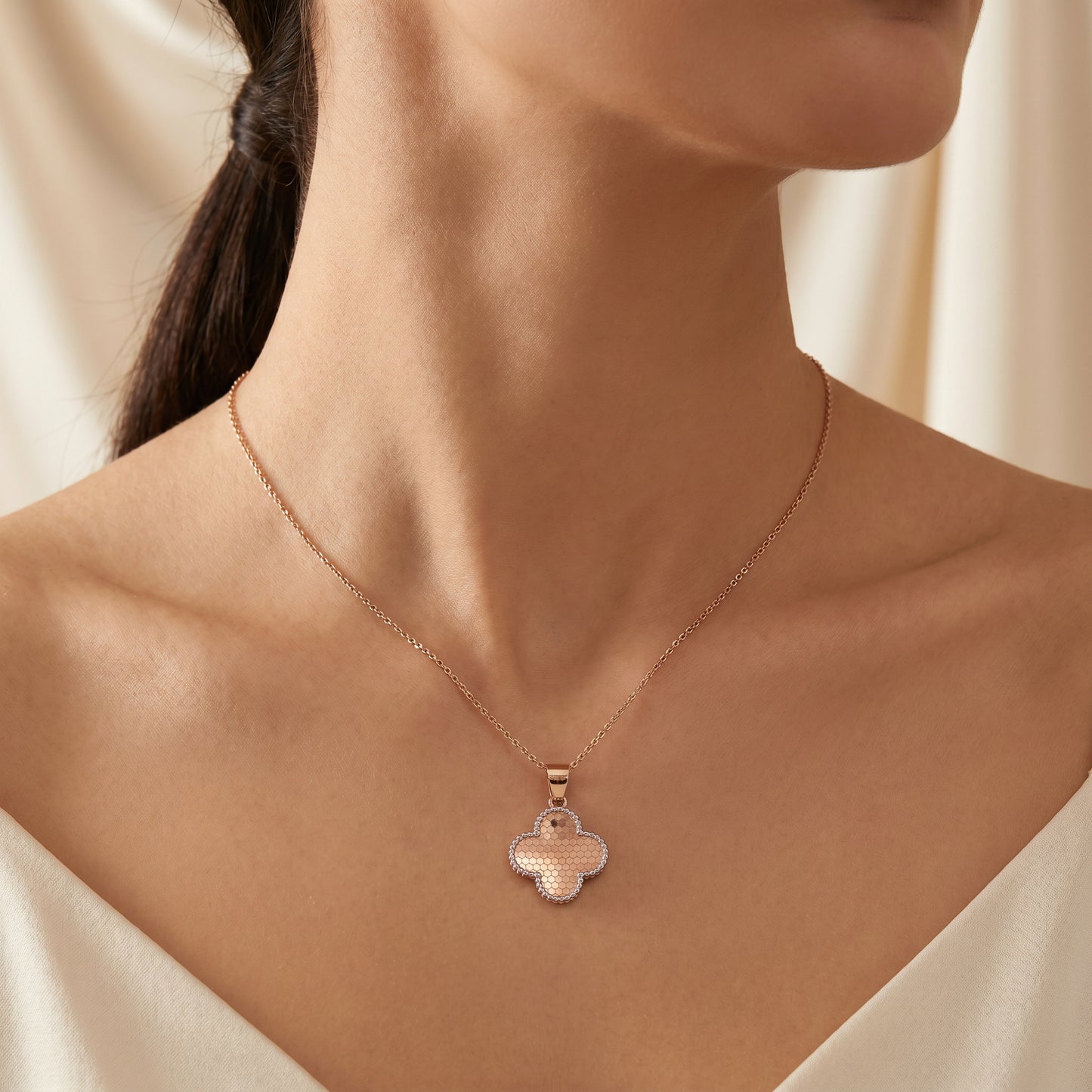 18KT Rose Gold Clover Textured Pendant For Women