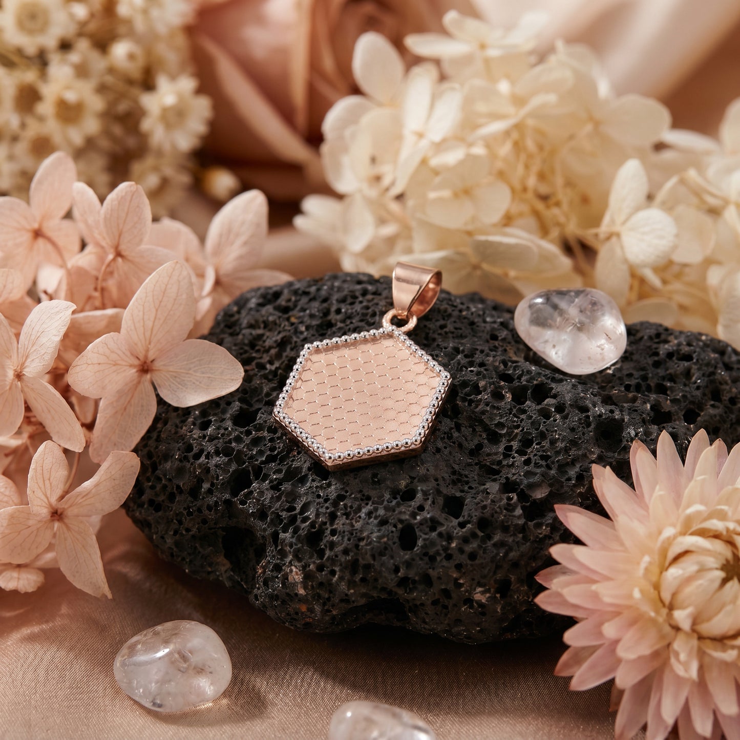 18KT Rose Gold Hexagon Textured Pendant For Women