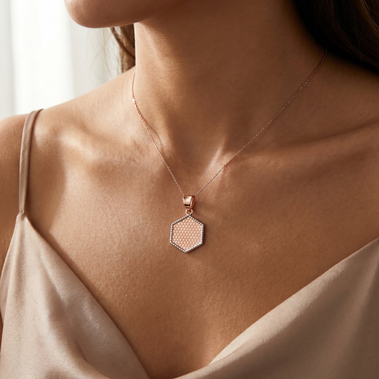 18KT Rose Gold Hexagon Textured Pendant For Women