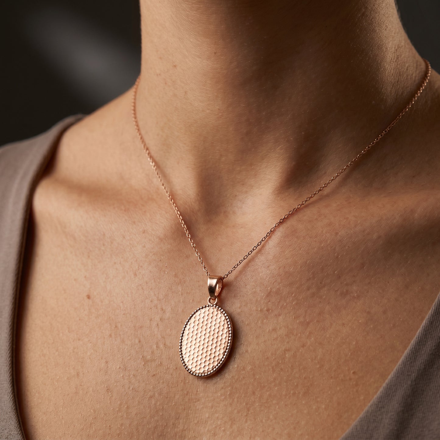 18KT Rose Gold Oval Textured Pendant For Women