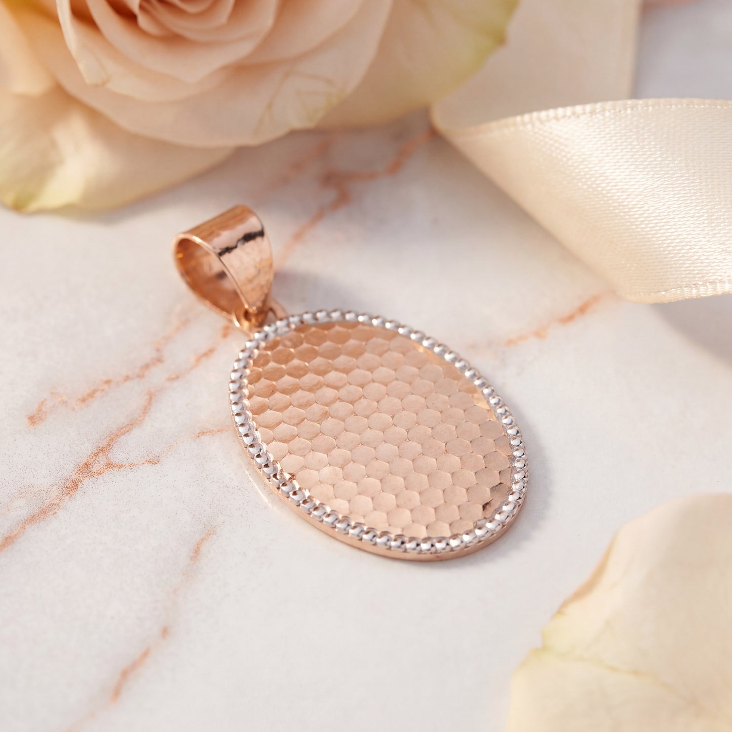 18KT Rose Gold Oval Textured Pendant For Women