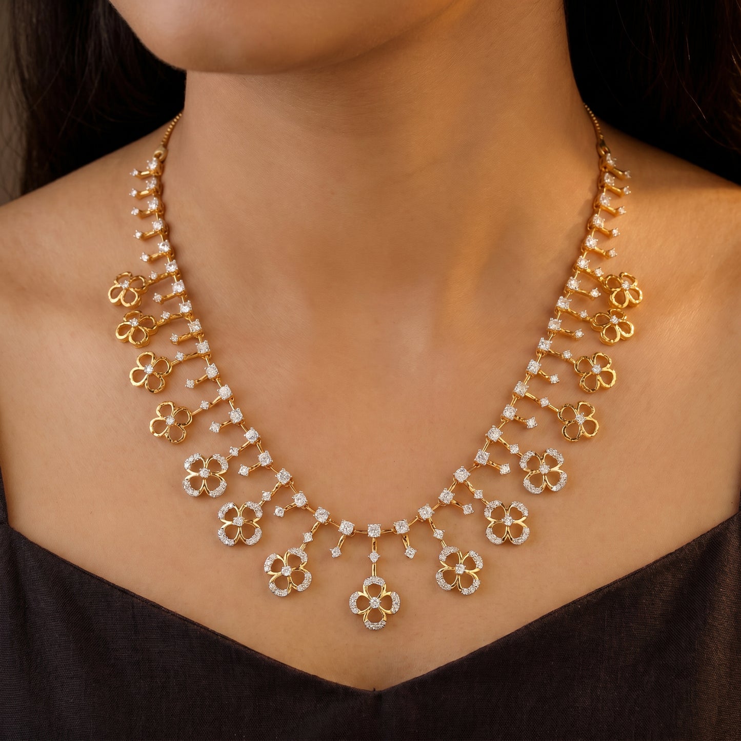Diamond Flower Fringe Long Necklace in 18kt for Women
