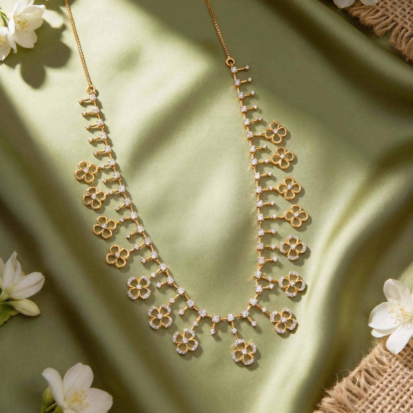Diamond Flower Fringe Long Necklace in 18kt for Women
