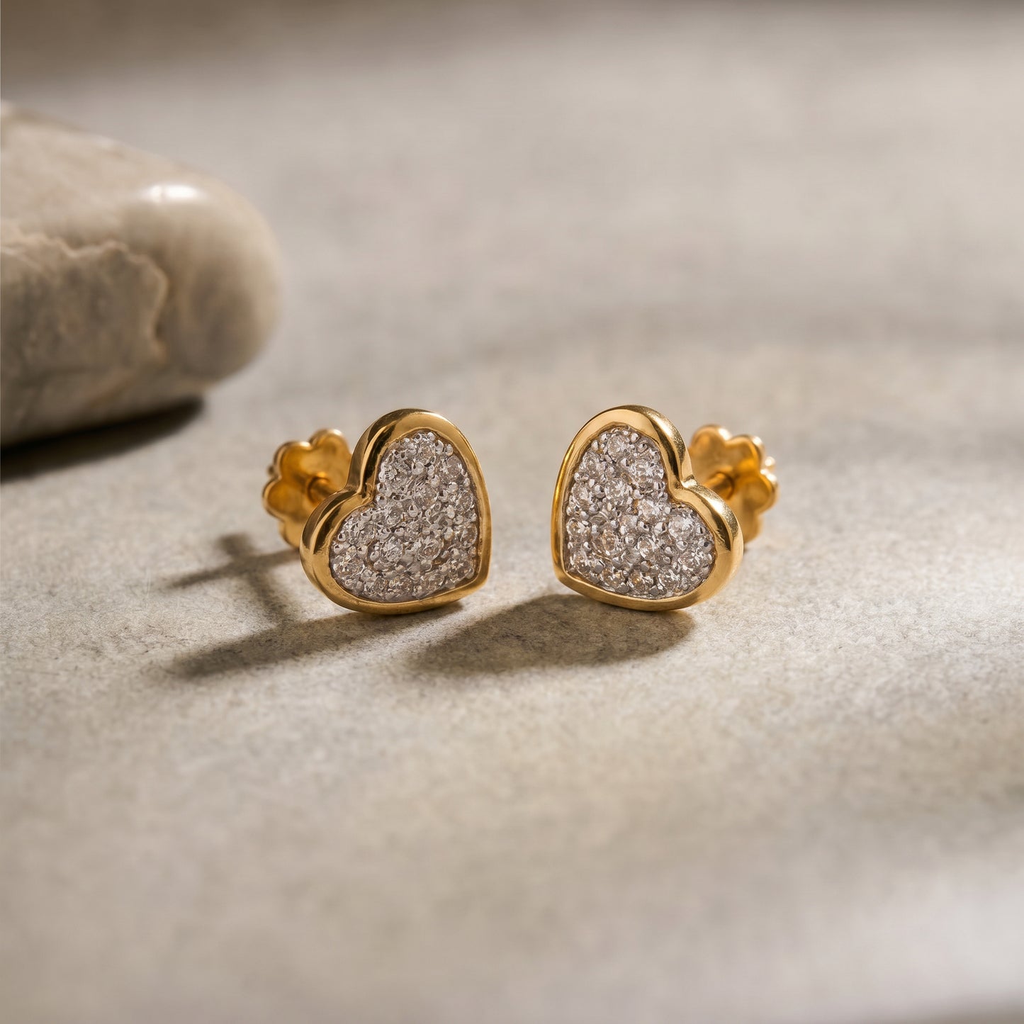 18KT Yellow Gold Diamond Heart Stud Earrings Women