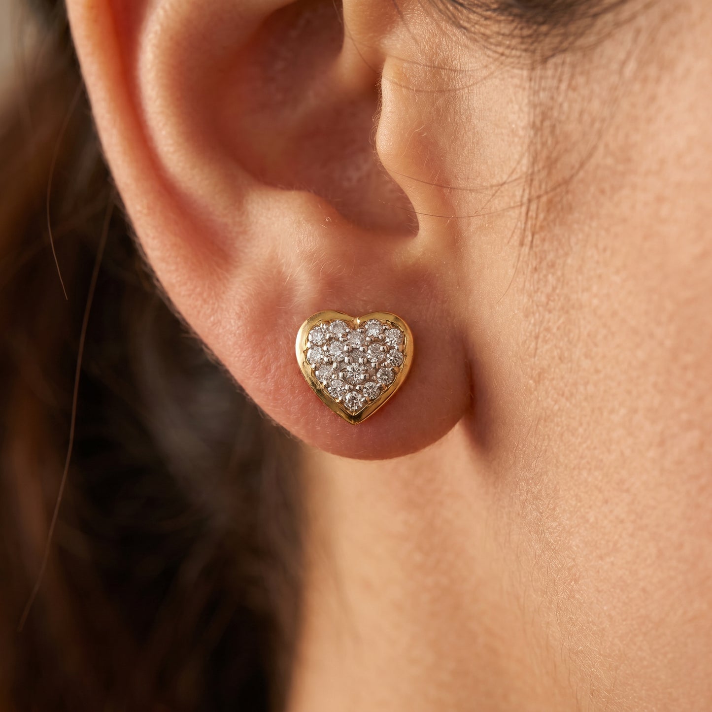 18KT Yellow Gold Diamond Heart Stud Earrings Women