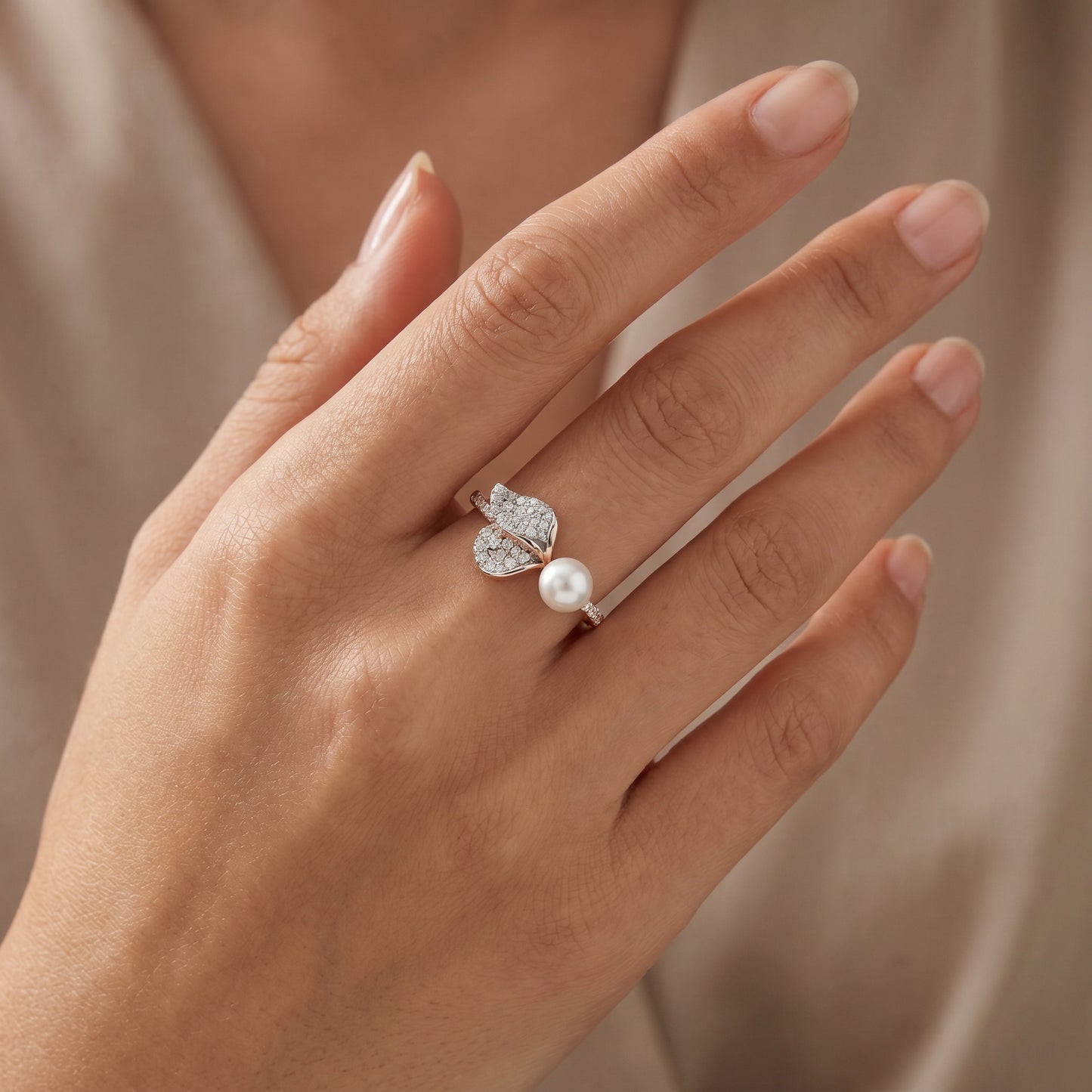 18KT Rose Gold Pearl & Diamond Leaf Ring for Women