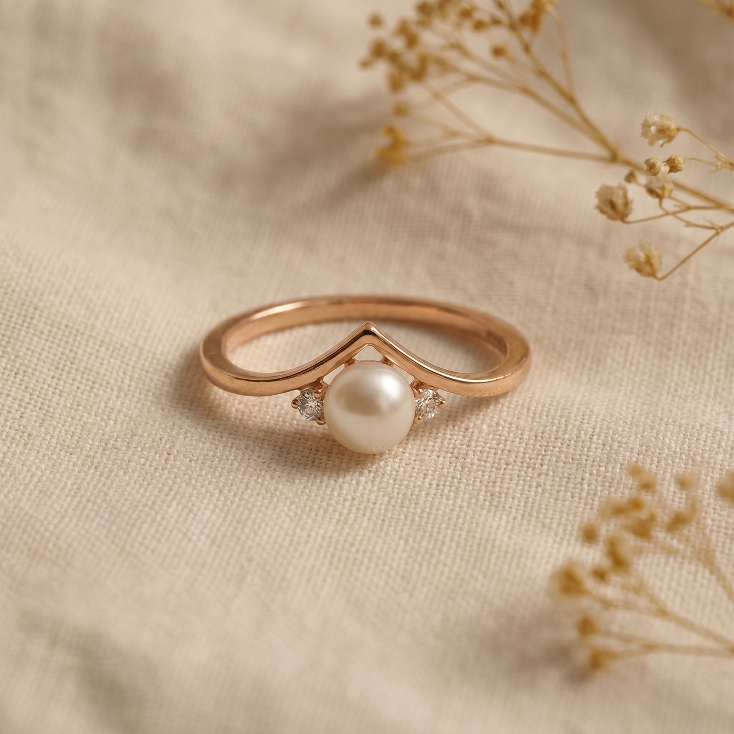18KT Rose Gold Pearl & Diamond Chevron Ring Women